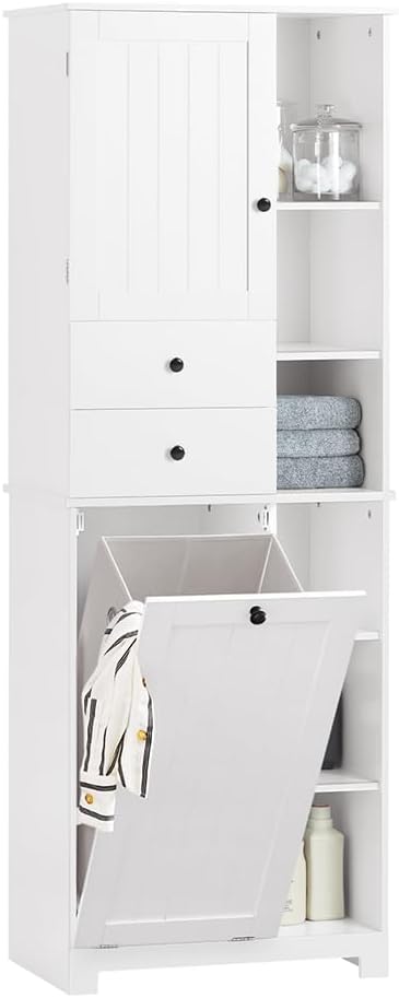 SoBuy Tall Bathroom Storage Cabinet 171 cm with Laundry Basket & Shelves