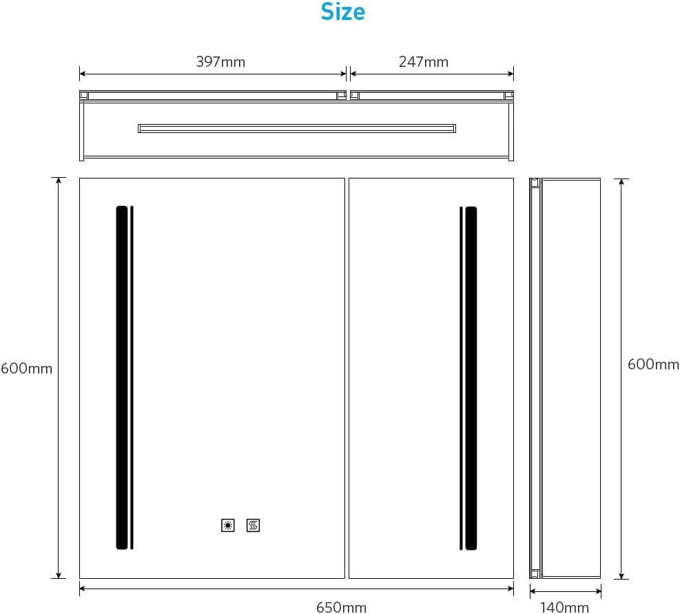 Tokvon® Cascade Bathroom Mirror Cabinet with LED Lights, Anti-Fog, Colour Changing & Touch Sensor, Aluminium Double Door, 650x600mm Dimmable, Shaver Socket, Wall Mount