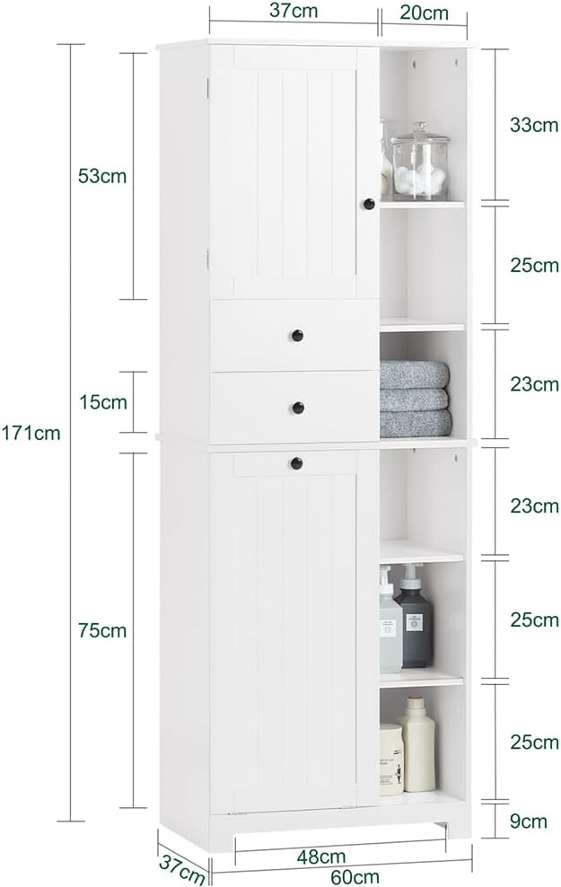 SoBuy Tall Bathroom Storage Cabinet 171 cm with Laundry Basket & Shelves