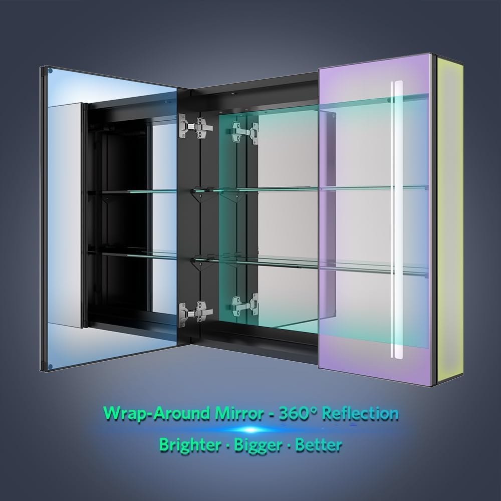 Tokvon® Cascade Bathroom Mirror Cabinet with LED Lights, Anti-Fog, Colour Changing & Touch Sensor, Aluminium Double Door, 650x600mm Dimmable, Shaver Socket, Wall Mount