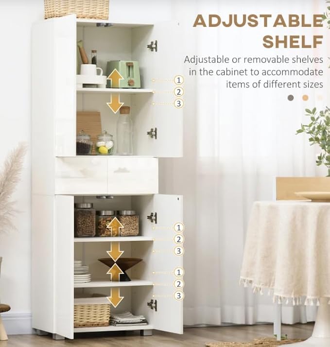 Tall High Gloss Storage Cabinet, Modern Freestanding Bathroom Kitchen Pantry Cupboard with Shelves, Doors & Drawers