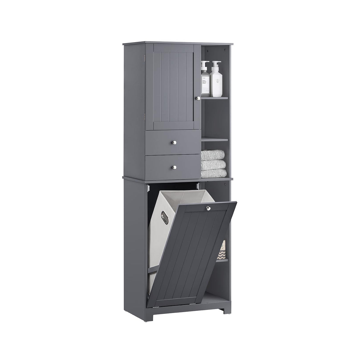 SoBuy Tall Bathroom Storage Cabinet 171 cm with Laundry Basket & Shelves