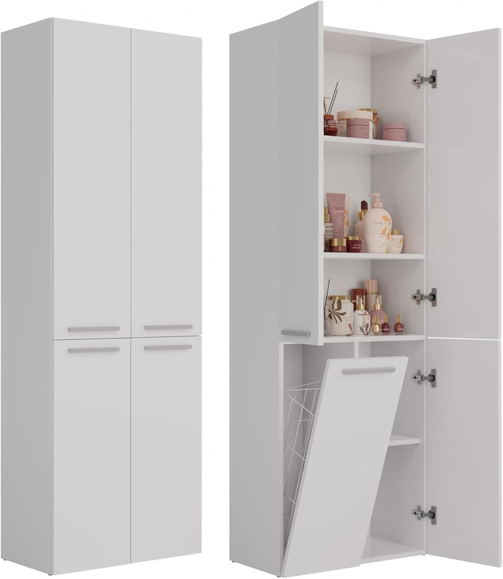CDF Tall Bathroom Cabinet with 4 Doors Slim Storage Unit + Laundry Basket Freestanding Floor Cabinet 5 Shelves Organizer for Bathroom Laundry Hallway White 30x60x174 cm Easy Assembly