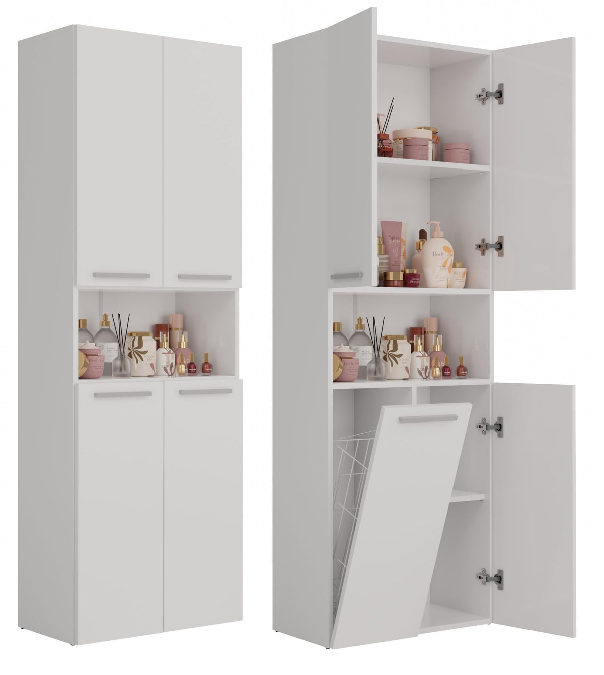 CDF Tall Bathroom Cabinet with 4 Doors Slim Storage Unit + Laundry Basket Freestanding Floor Cabinet 5 Shelves Organizer for Bathroom Laundry Hallway White 30x60x174 cm Easy Assembly