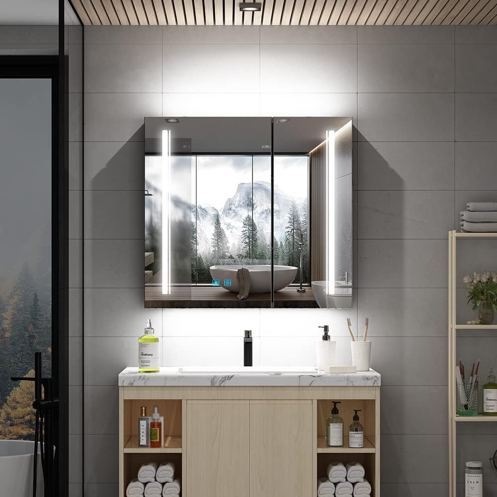 Tokvon® Cascade Bathroom Mirror Cabinet with LED Lights, Anti-Fog, Colour Changing & Touch Sensor, Aluminium Double Door, 650x600mm Dimmable, Shaver Socket, Wall Mount