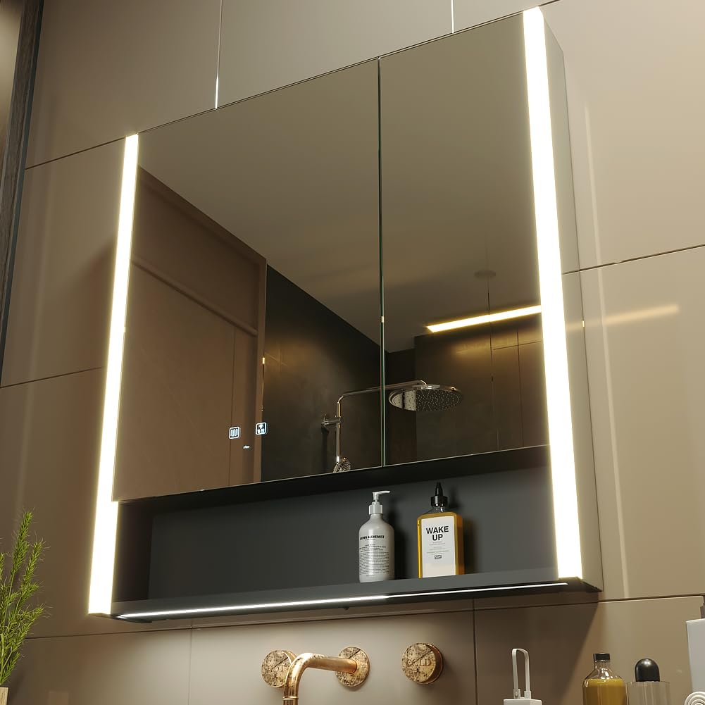KWW 80 x 70 cm Two Doors Aluminum LED Bathroom Medicine Cabinet with Mirror