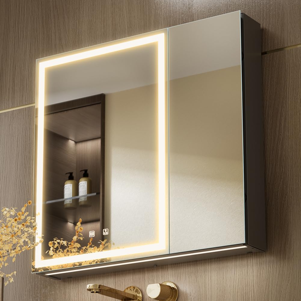 KWW 80 x 70 cm Two Doors Aluminum LED Bathroom Medicine Cabinet with Mirror
