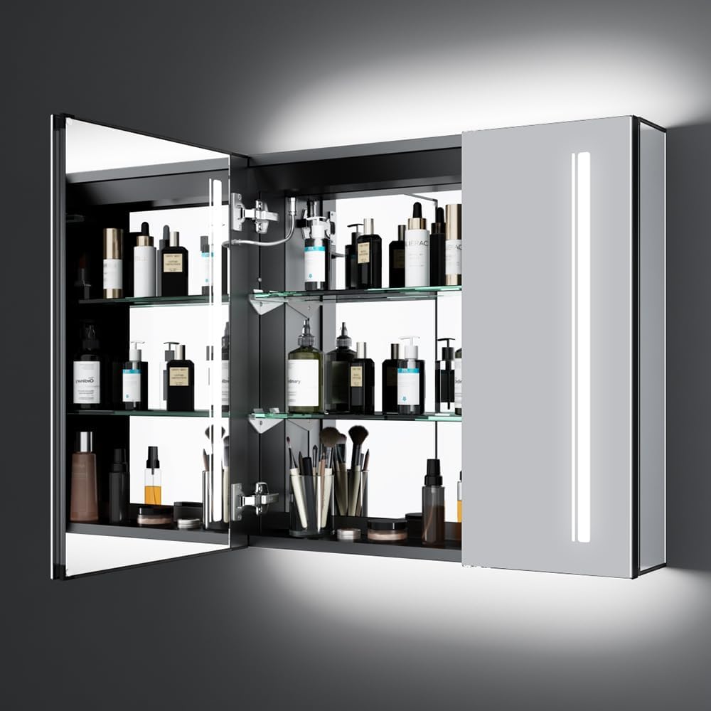 Tokvon® Cascade Bathroom Mirror Cabinet with LED Lights, Anti-Fog, Colour Changing & Touch Sensor, Aluminium Double Door, 650x600mm Dimmable, Shaver Socket, Wall Mount