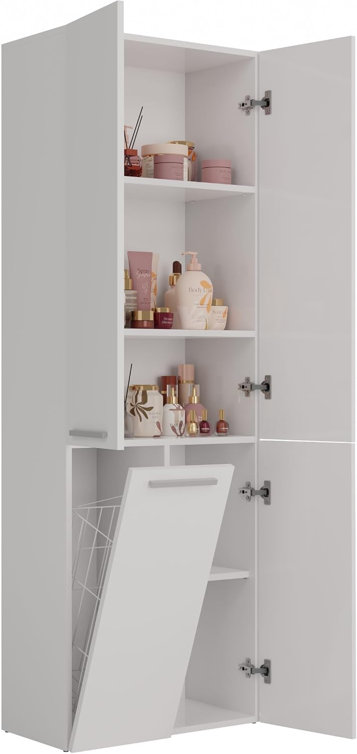 CDF Tall Bathroom Cabinet with 4 Doors Slim Storage Unit + Laundry Basket Freestanding Floor Cabinet 5 Shelves Organizer for Bathroom Laundry Hallway White 30x60x174 cm Easy Assembly