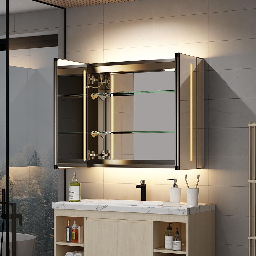 Tokvon® Cascade Bathroom Mirror Cabinet with LED Lights, Anti-Fog, Colour Changing & Touch Sensor, Aluminium Double Door, 650x600mm Dimmable, Shaver Socket, Wall Mount