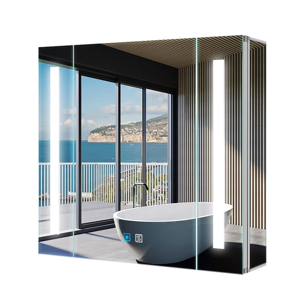 Tokvon® Cascade Bathroom Mirror Cabinet with LED Lights, Anti-Fog, Colour Changing & Touch Sensor, Aluminium Double Door, 650x600mm Dimmable, Shaver Socket, Wall Mount