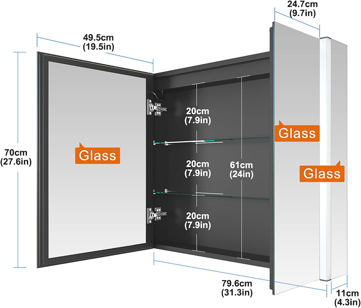 KWW 80 x 70 cm Two Doors Aluminum LED Bathroom Medicine Cabinet with Mirror