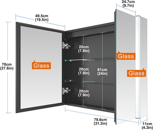 KWW 80 x 70 cm Two Doors Aluminum LED Bathroom Medicine Cabinet with Mirror