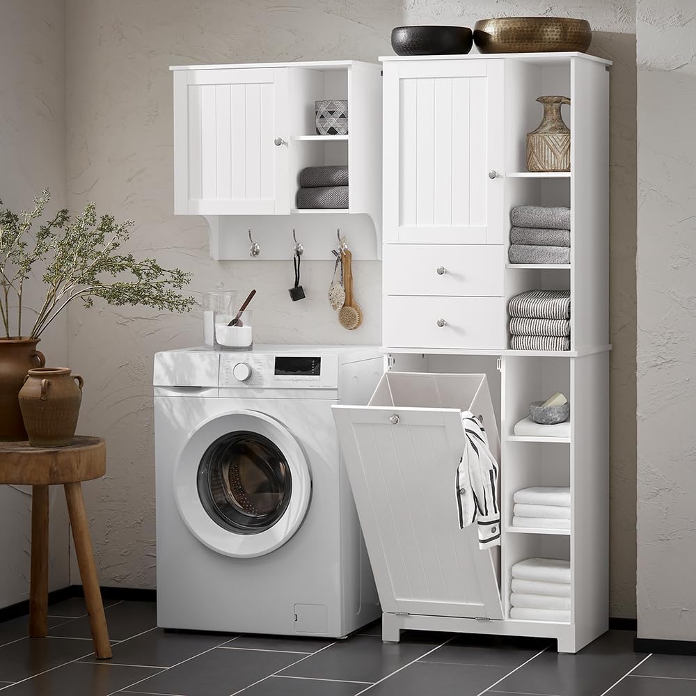SoBuy Tall Bathroom Storage Cabinet 171 cm with Laundry Basket & Shelves
