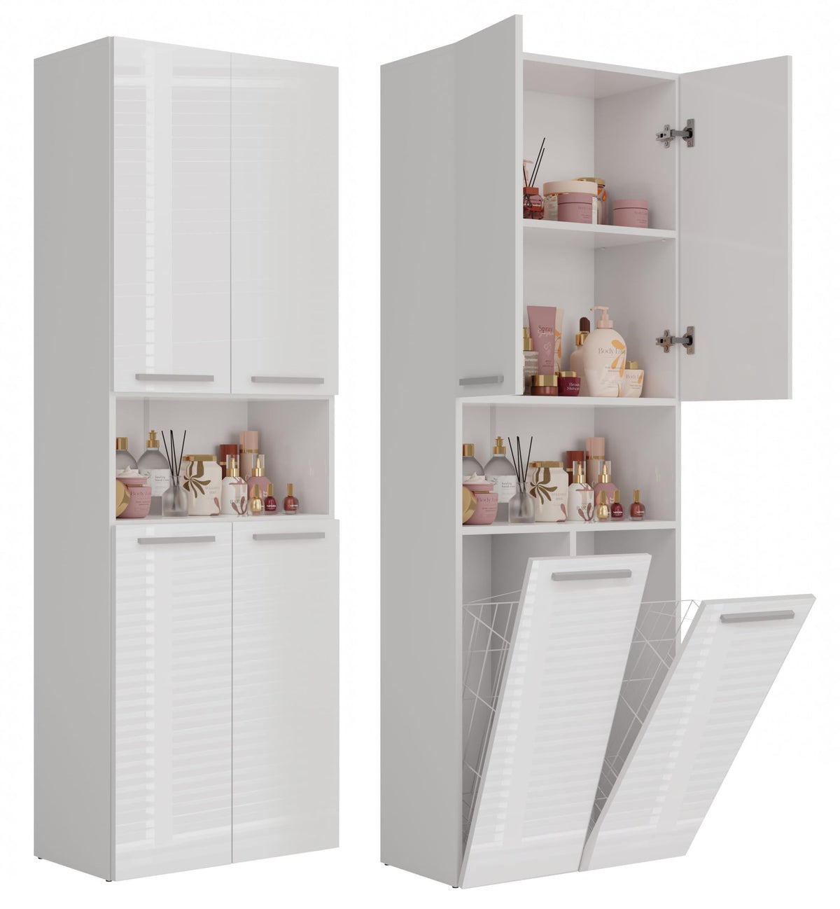 CDF Tall Bathroom Cabinet with 4 Doors Slim Storage Unit + Laundry Basket Freestanding Floor Cabinet 5 Shelves Organizer for Bathroom Laundry Hallway White 30x60x174 cm Easy Assembly