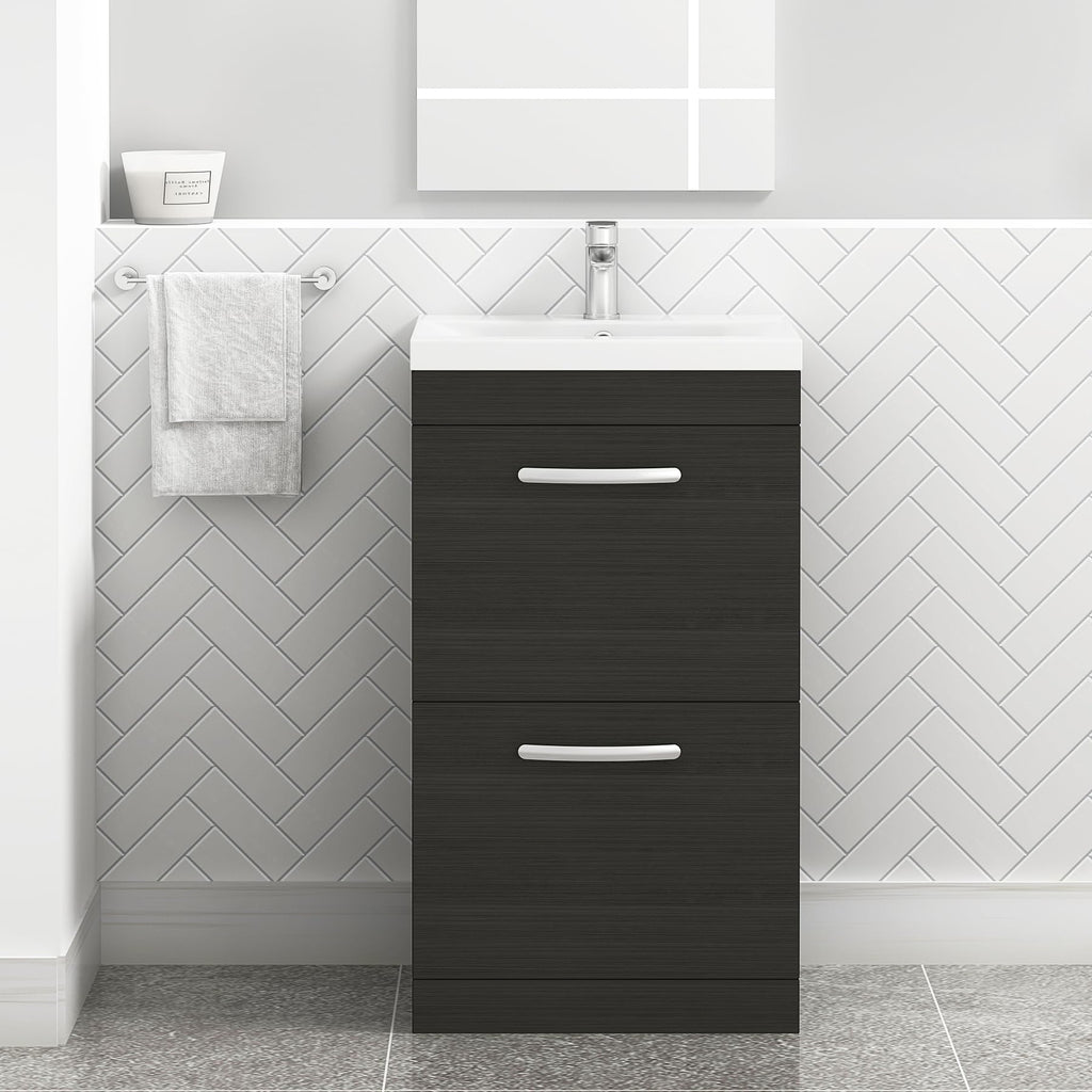 Royal Bathrooms 500mm Floor Standing Bathroom Vanity Unit Mid Edge Basin 2 Drawers Storage Cabinet Furniture - Grey Elm