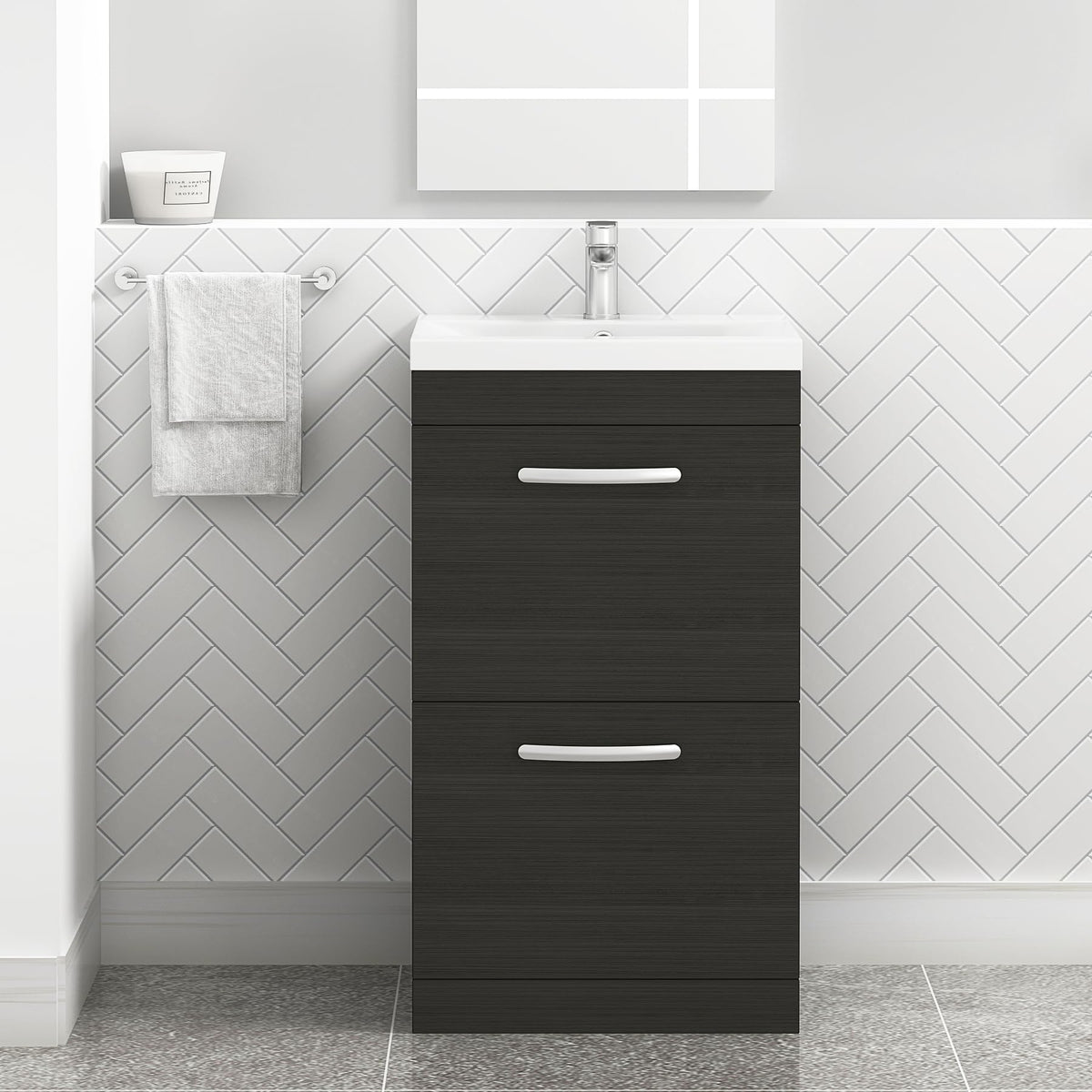 Royal Bathrooms 500mm Floor Standing Bathroom Vanity Unit Mid Edge Basin 2 Drawers Storage Cabinet Furniture - Grey Elm