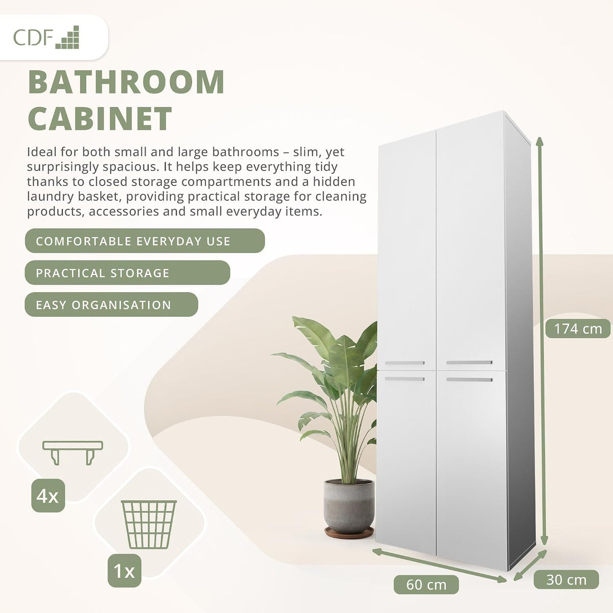 CDF Tall Bathroom Cabinet with 4 Doors Slim Storage Unit + Laundry Basket Freestanding Floor Cabinet 5 Shelves Organizer for Bathroom Laundry Hallway White 30x60x174 cm Easy Assembly
