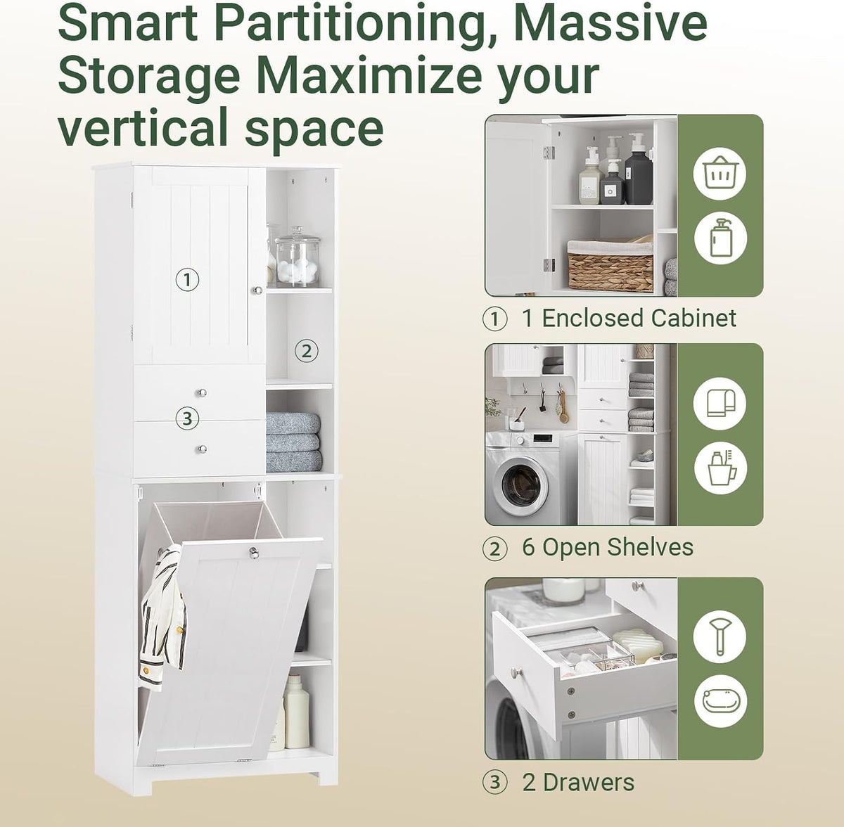 SoBuy Tall Bathroom Storage Cabinet 171 cm with Laundry Basket & Shelves