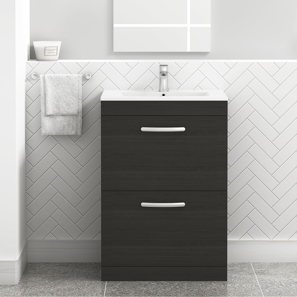 Royal Bathrooms 500mm Floor Standing Bathroom Vanity Unit Mid Edge Basin 2 Drawers Storage Cabinet Furniture - Grey Elm