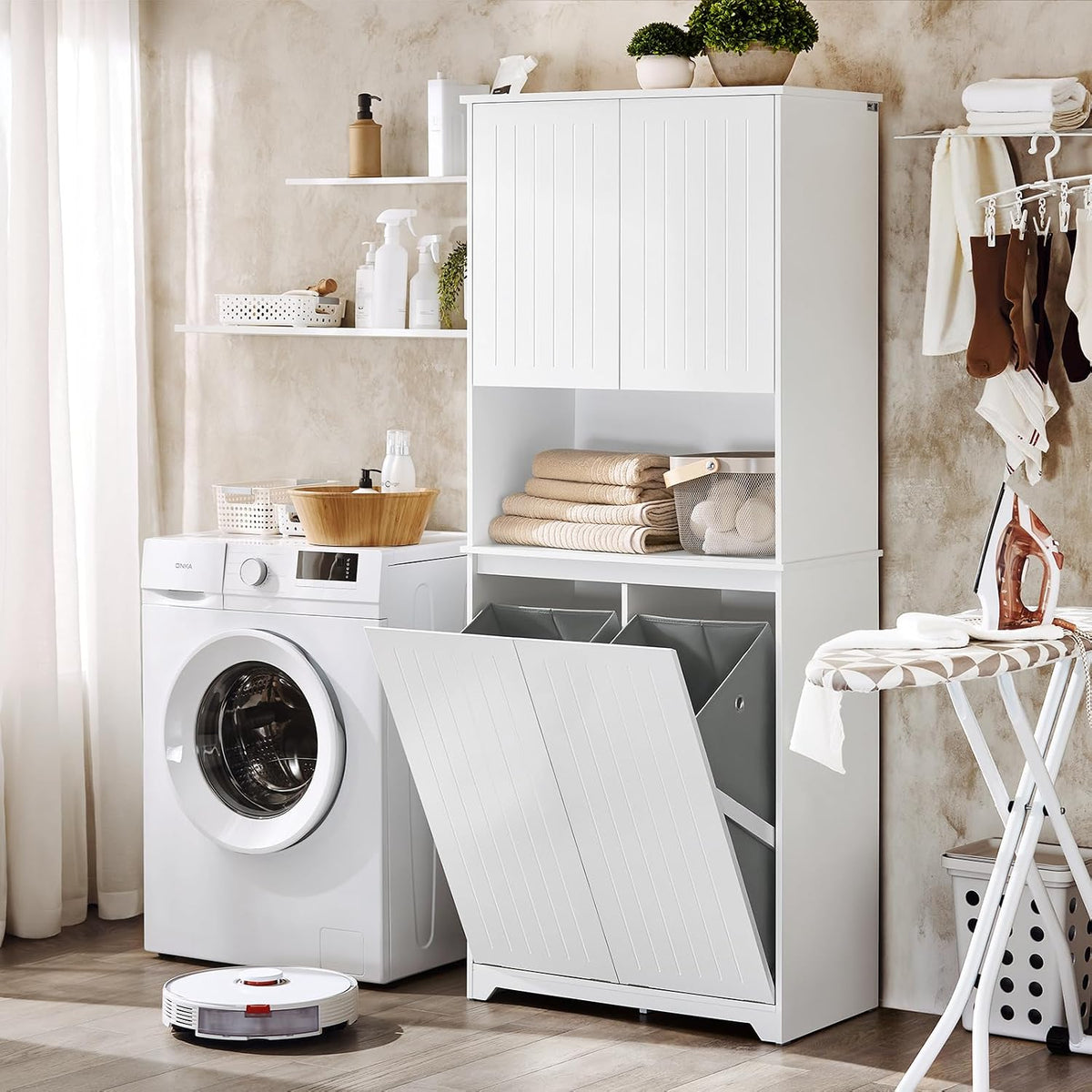 SoBuy Tall Bathroom Storage Cabinet 70cm with 2 Laundry Basket & Open Shelf
