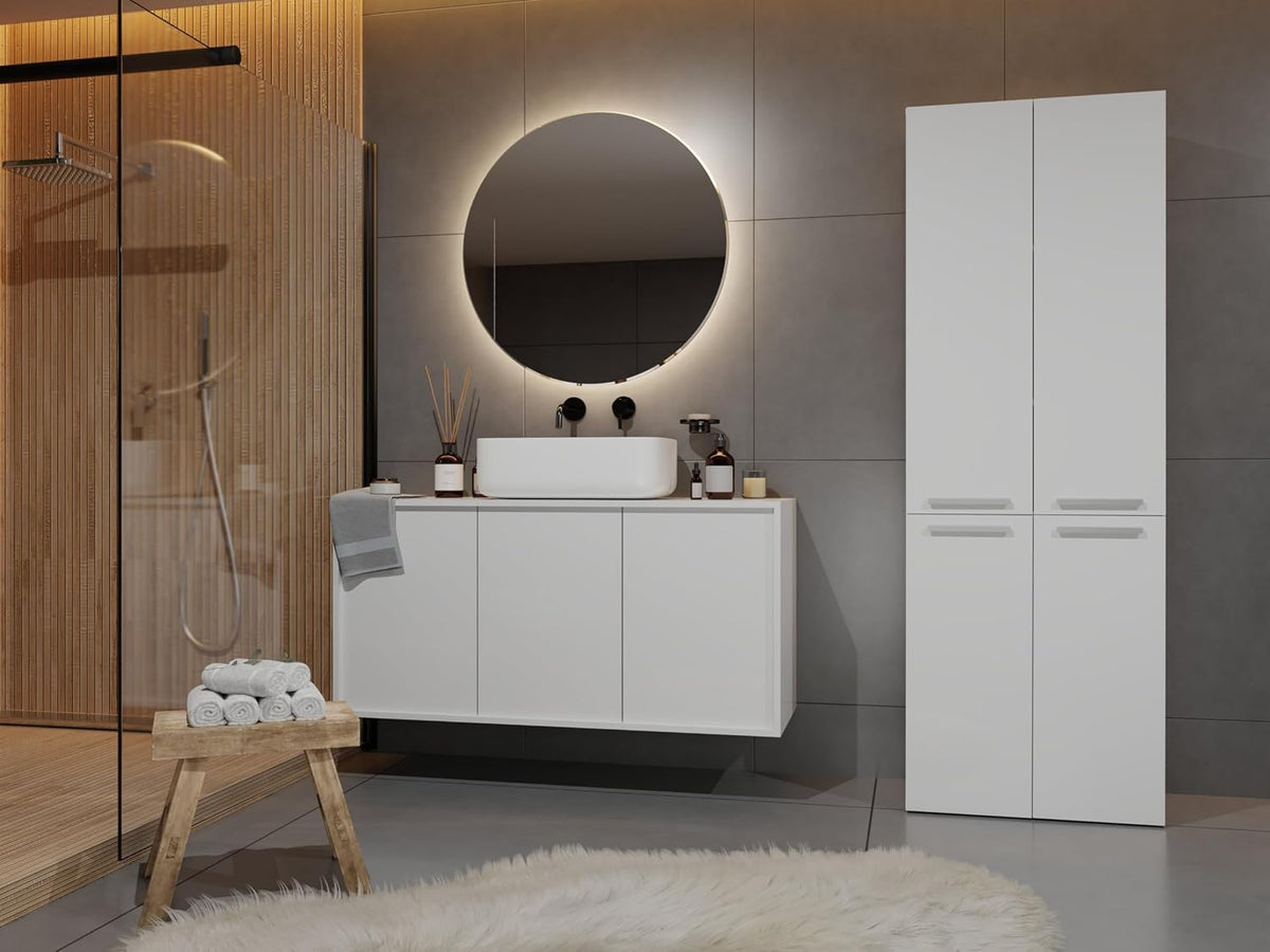 CDF Tall Bathroom Cabinet with 4 Doors Slim Storage Unit + Laundry Basket Freestanding Floor Cabinet 5 Shelves Organizer for Bathroom Laundry Hallway White 30x60x174 cm Easy Assembly