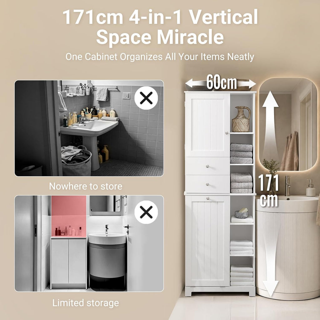 SoBuy Tall Bathroom Storage Cabinet 171 cm with Laundry Basket & Shelves