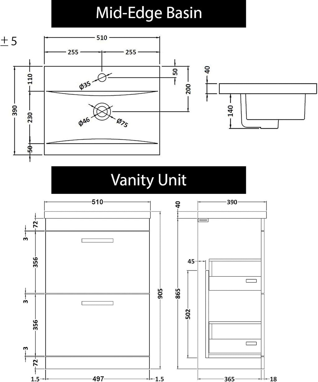 Royal Bathrooms 500mm Floor Standing Bathroom Vanity Unit Mid Edge Basin 2 Drawers Storage Cabinet Furniture - Grey Elm