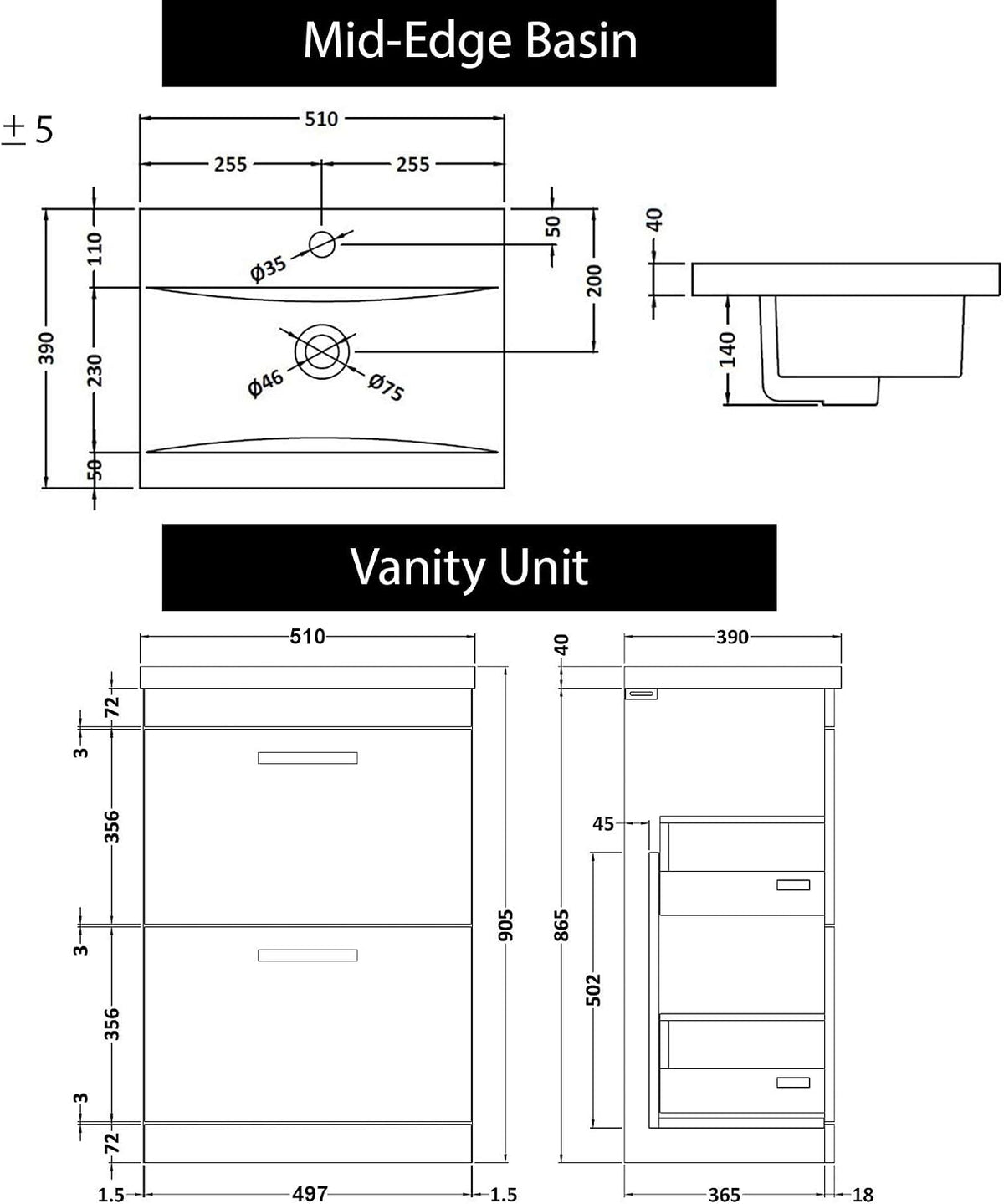 Royal Bathrooms 500mm Floor Standing Bathroom Vanity Unit Mid Edge Basin 2 Drawers Storage Cabinet Furniture - Grey Elm