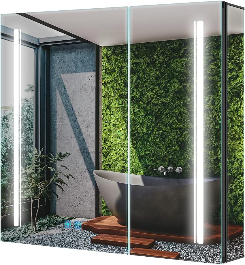 Tokvon® Cascade Bathroom Mirror Cabinet with LED Lights, Anti-Fog, Colour Changing & Touch Sensor, Aluminium Double Door, 650x600mm Dimmable, Shaver Socket, Wall Mount