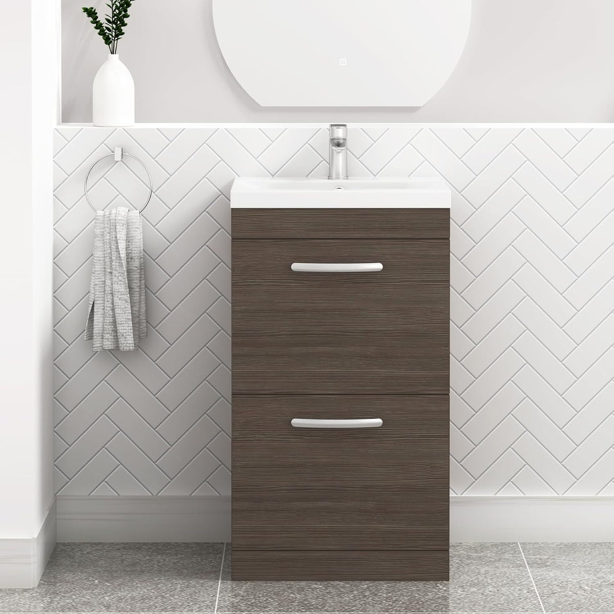 Royal Bathrooms 500mm Floor Standing Bathroom Vanity Unit Mid Edge Basin 2 Drawers Storage Cabinet Furniture - Grey Elm