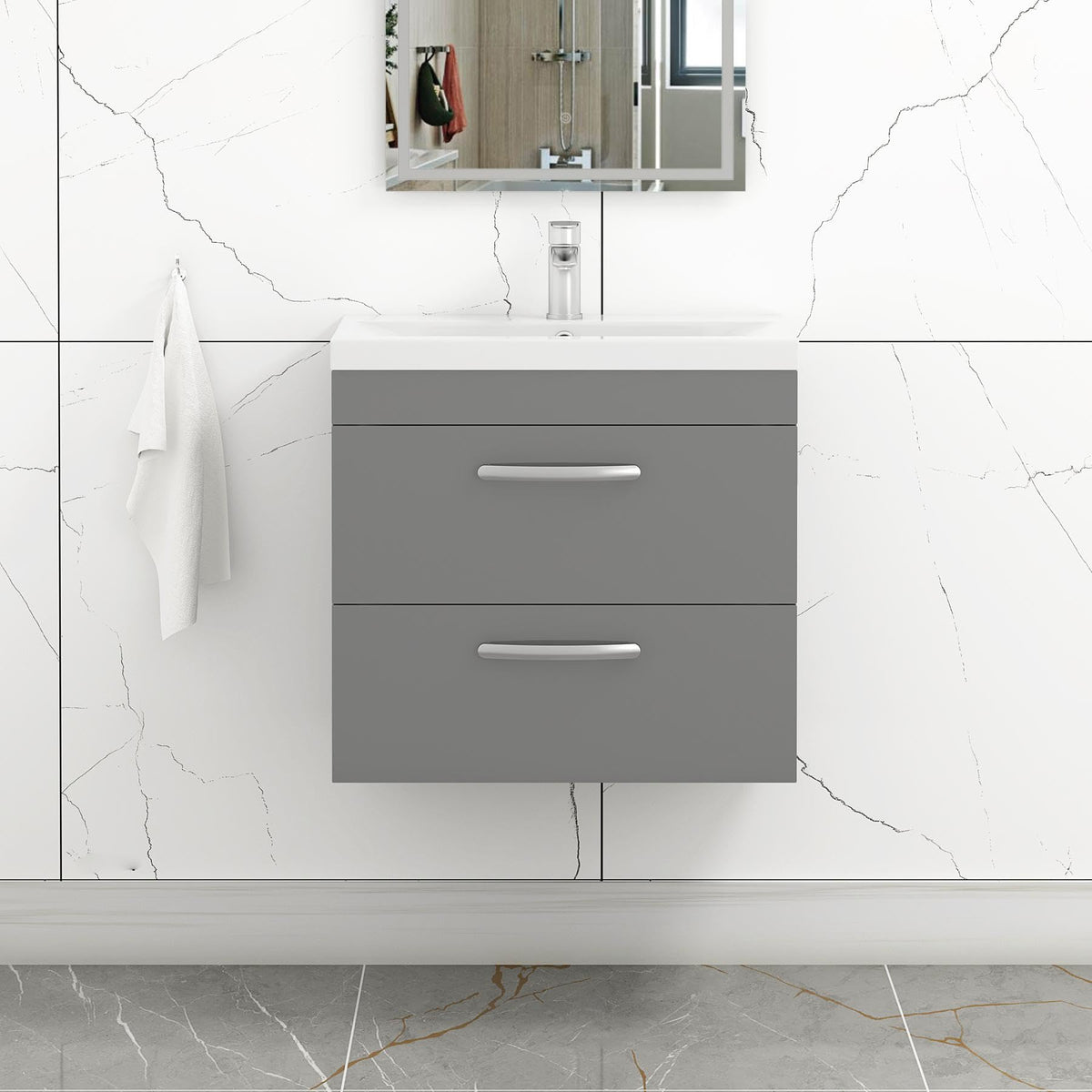 Royal Bathrooms 500mm Floor Standing Bathroom Vanity Unit Mid Edge Basin 2 Drawers Storage Cabinet Furniture - Grey Elm