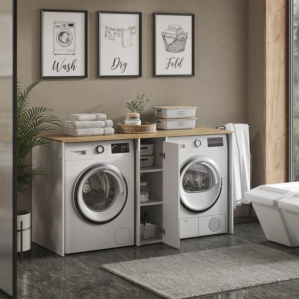 Vicco Washing machine cabinet Viktor, White/Artisan oak, 159.8 x 88.2 cm