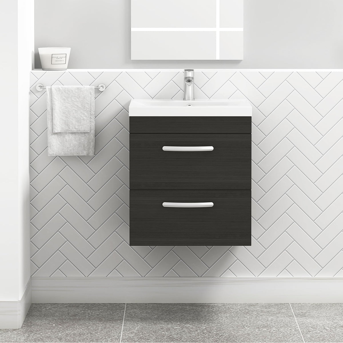 Royal Bathrooms 500mm Floor Standing Bathroom Vanity Unit Mid Edge Basin 2 Drawers Storage Cabinet Furniture - Grey Elm