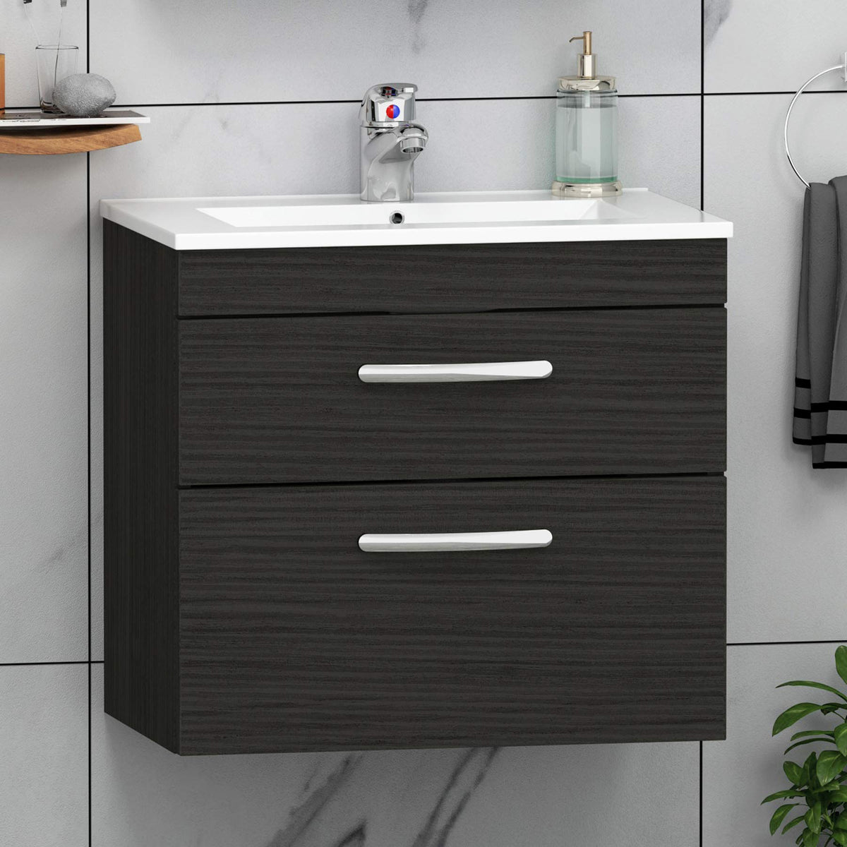 Royal Bathrooms 500mm Floor Standing Bathroom Vanity Unit Mid Edge Basin 2 Drawers Storage Cabinet Furniture - Grey Elm