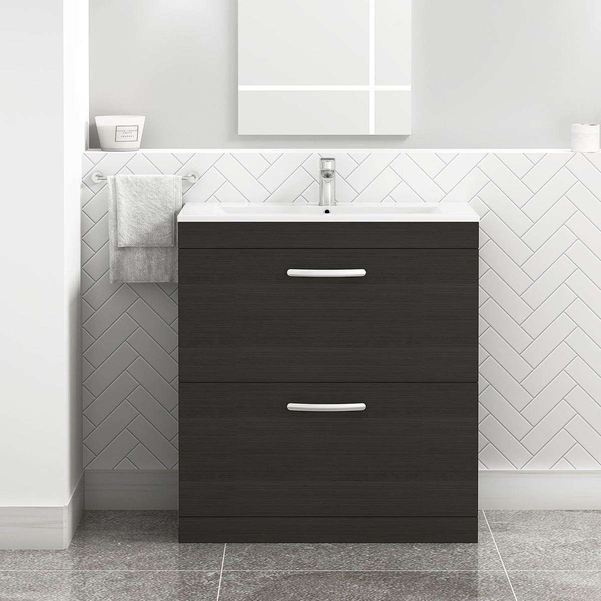 Royal Bathrooms 500mm Floor Standing Bathroom Vanity Unit Mid Edge Basin 2 Drawers Storage Cabinet Furniture - Grey Elm