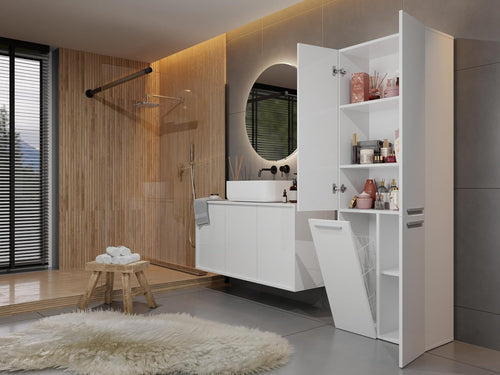 CDF Tall Bathroom Cabinet with 4 Doors Slim Storage Unit + Laundry Basket Freestanding Floor Cabinet 5 Shelves Organizer for Bathroom Laundry Hallway White 30x60x174 cm Easy Assembly