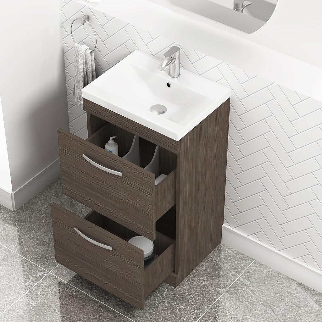 Royal Bathrooms 500mm Floor Standing Bathroom Vanity Unit Mid Edge Basin 2 Drawers Storage Cabinet Furniture - Grey Elm