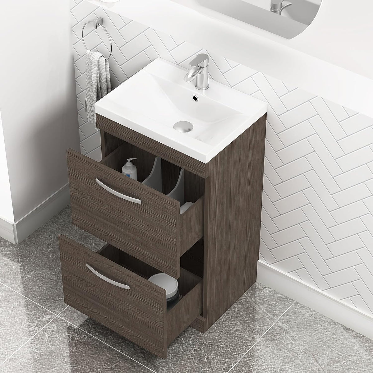 Royal Bathrooms 500mm Floor Standing Bathroom Vanity Unit Mid Edge Basin 2 Drawers Storage Cabinet Furniture - Grey Elm