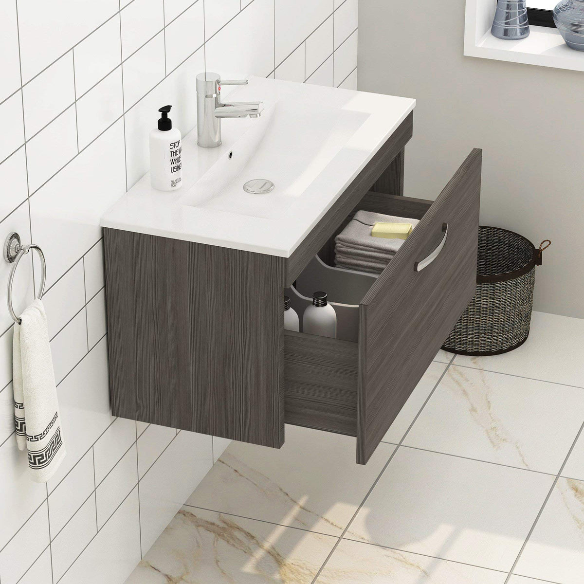 Royal Bathrooms 500mm Floor Standing Bathroom Vanity Unit Mid Edge Basin 2 Drawers Storage Cabinet Furniture - Grey Elm