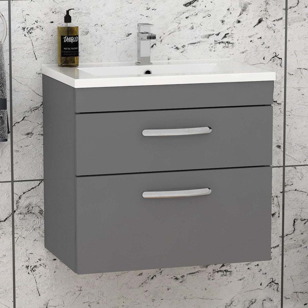 Royal Bathrooms 500mm Floor Standing Bathroom Vanity Unit Mid Edge Basin 2 Drawers Storage Cabinet Furniture - Grey Elm