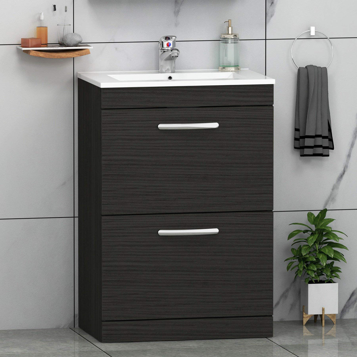 Royal Bathrooms 500mm Floor Standing Bathroom Vanity Unit Mid Edge Basin 2 Drawers Storage Cabinet Furniture - Grey Elm