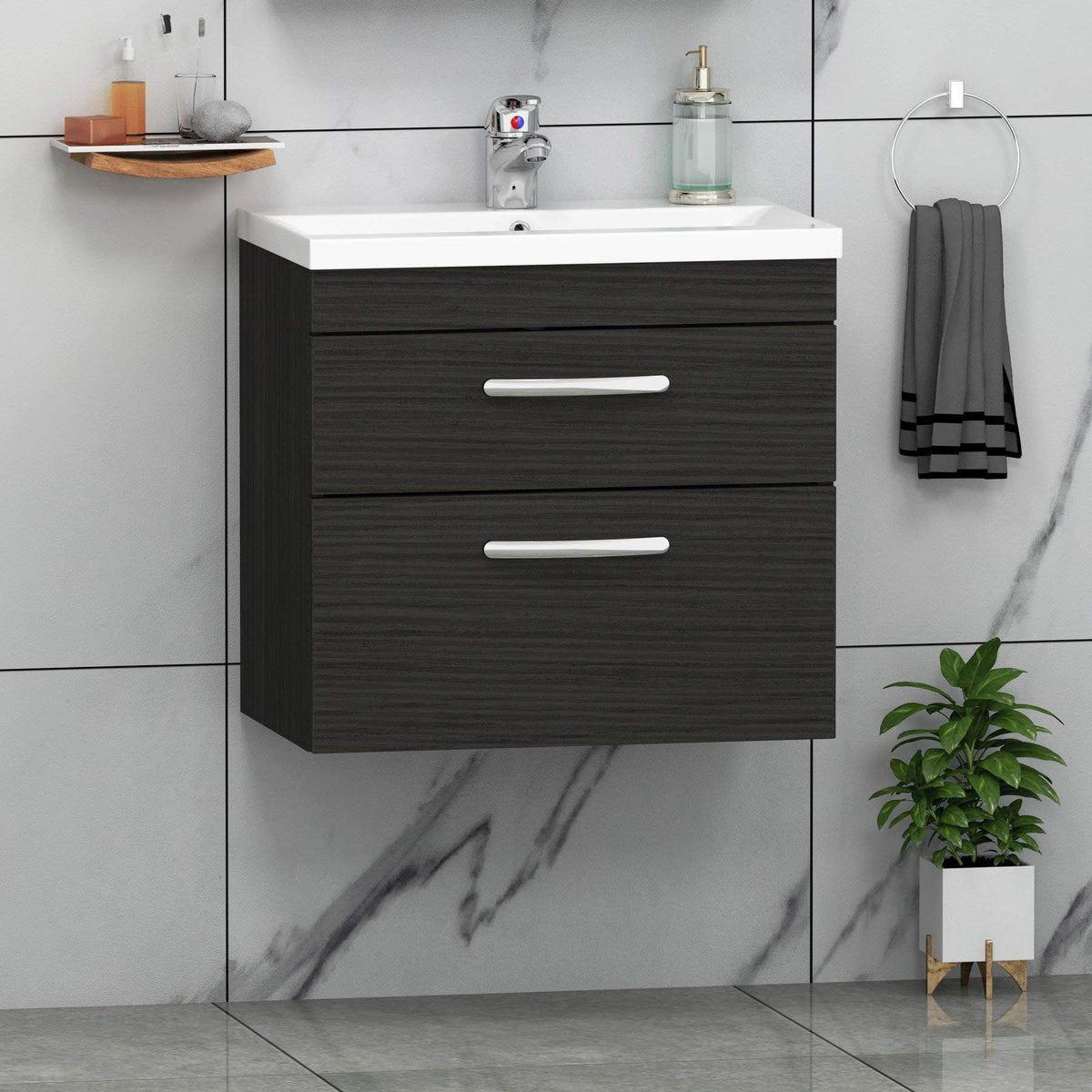 Royal Bathrooms 500mm Floor Standing Bathroom Vanity Unit Mid Edge Basin 2 Drawers Storage Cabinet Furniture - Grey Elm