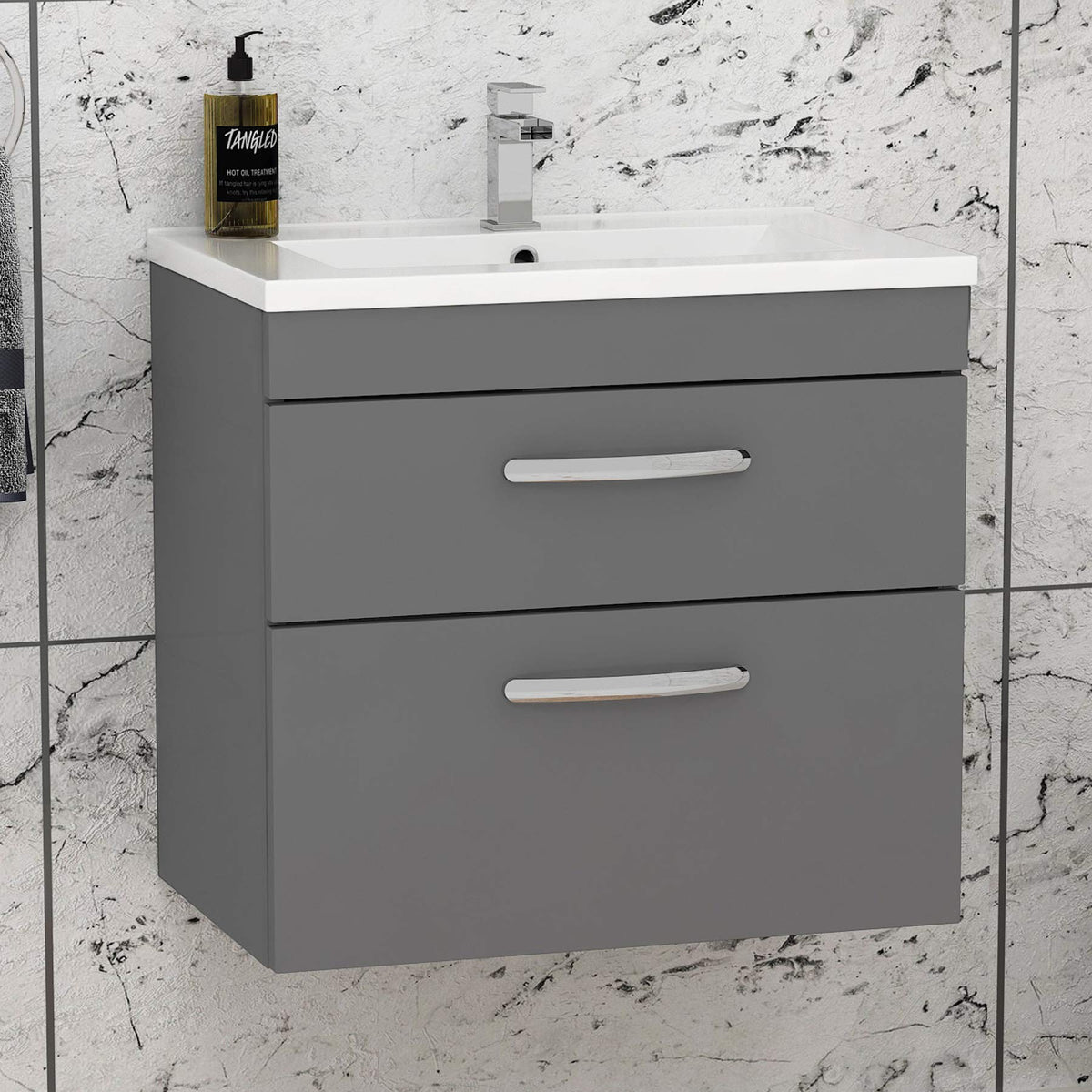 Royal Bathrooms 500mm Floor Standing Bathroom Vanity Unit Mid Edge Basin 2 Drawers Storage Cabinet Furniture - Grey Elm