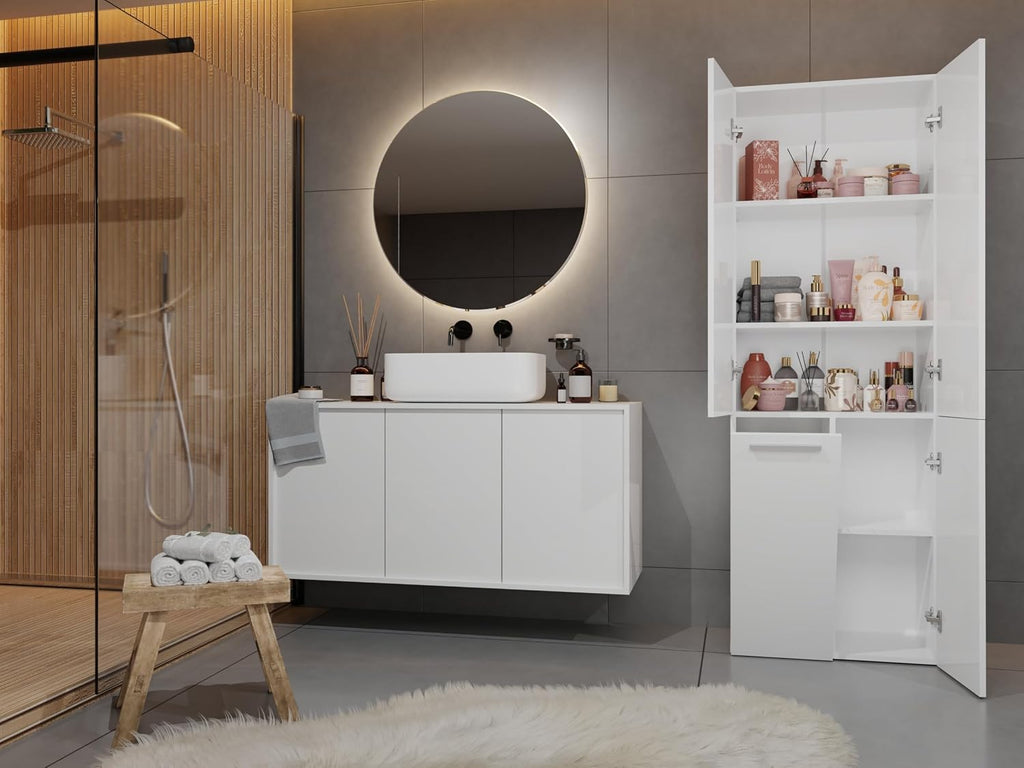 CDF Tall Bathroom Cabinet with 4 Doors Slim Storage Unit + Laundry Basket Freestanding Floor Cabinet 5 Shelves Organizer for Bathroom Laundry Hallway White 30x60x174 cm Easy Assembly