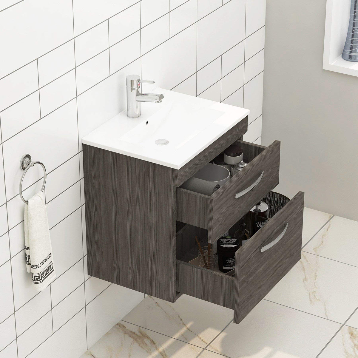 Royal Bathrooms 500mm Floor Standing Bathroom Vanity Unit Mid Edge Basin 2 Drawers Storage Cabinet Furniture - Grey Elm