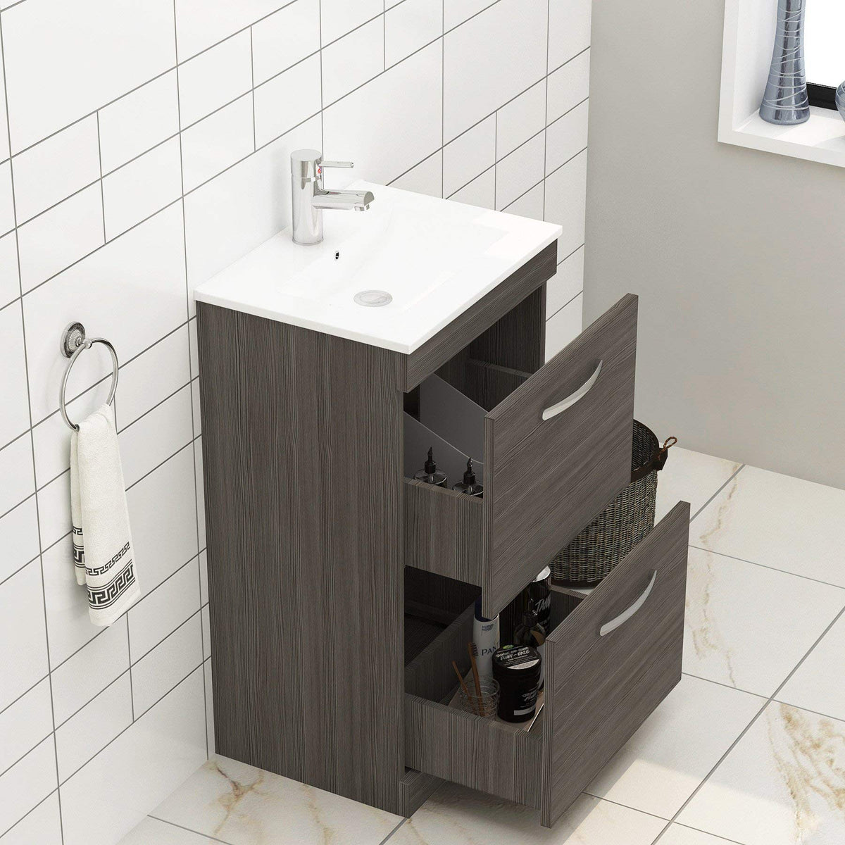 Royal Bathrooms 500mm Floor Standing Bathroom Vanity Unit Mid Edge Basin 2 Drawers Storage Cabinet Furniture - Grey Elm