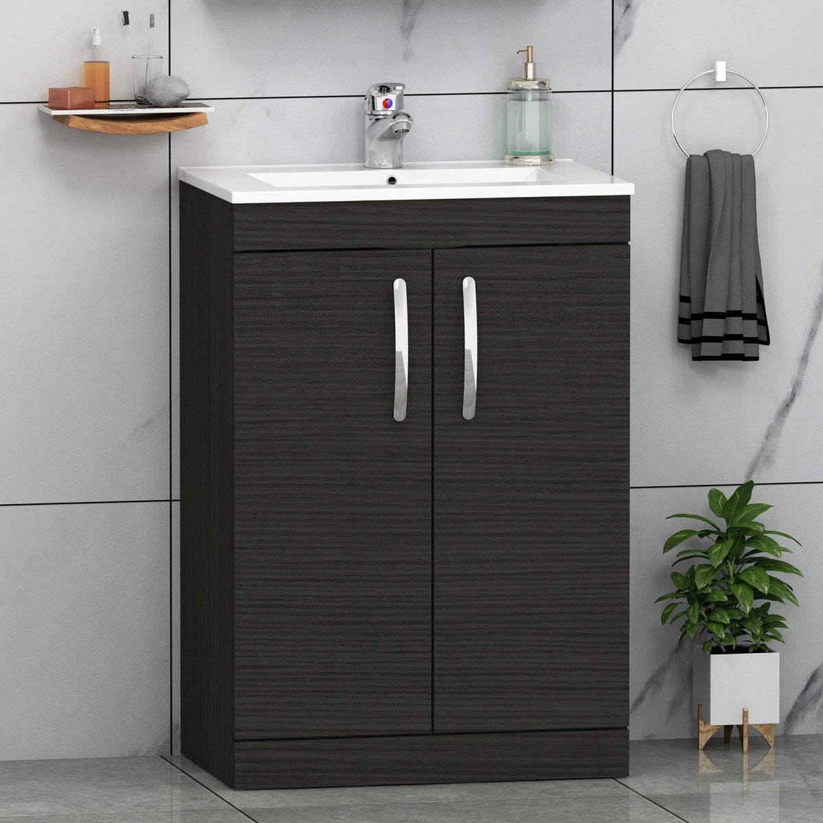 Royal Bathrooms 500mm Floor Standing Bathroom Vanity Unit Mid Edge Basin 2 Drawers Storage Cabinet Furniture - Grey Elm
