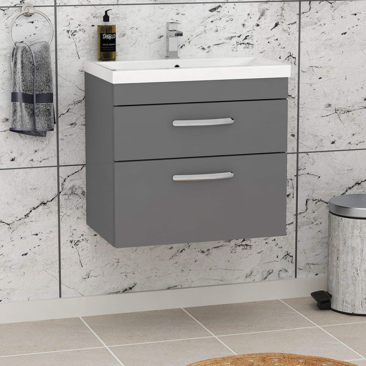 Royal Bathrooms 500mm Floor Standing Bathroom Vanity Unit Mid Edge Basin 2 Drawers Storage Cabinet Furniture - Grey Elm